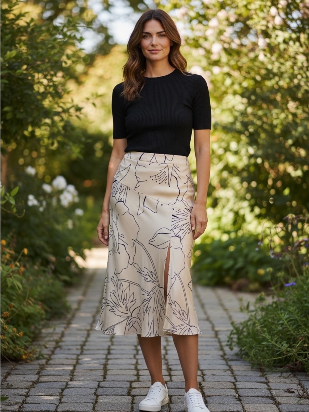 Banana Republic Cream and Black Floral A-Line Skirt
